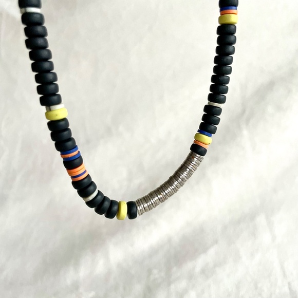 Beaded Necklace/w Black, White, Yellow, Orange, Blue, and Metal Beads - Picture 11 of 13